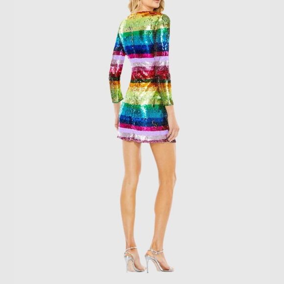 Mac Duggal 93724 Size 12 Rainbow Sequin Multicolor Striped Long Sleeve Dress NWT - Picture 4 of 5